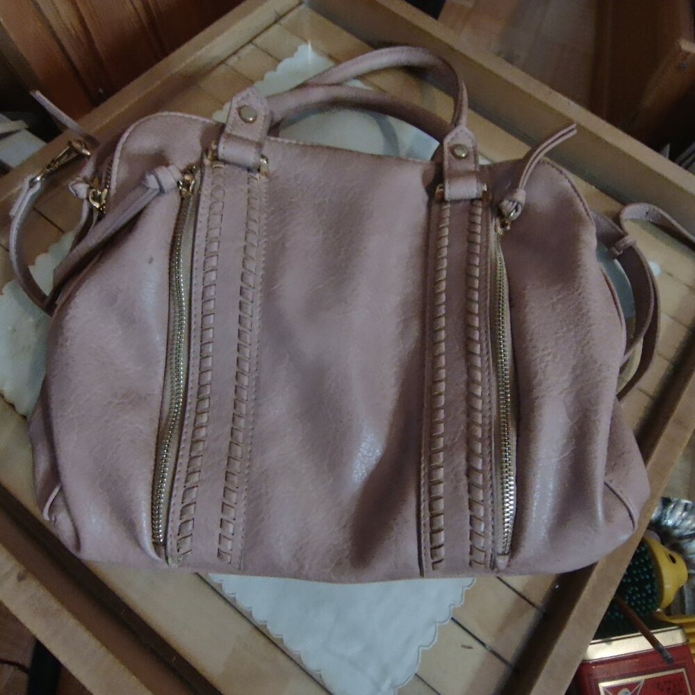 Sasha + Sofi Mauve Vegan Leather Satchel Bag with Braided Trim & Zipper Detail
